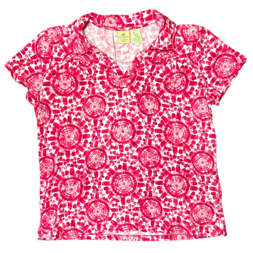 Caribbean Joe Pink Button Down Short Sleeved Island Tee Shirt Petite Large